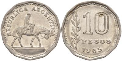 Аргентина 10 песо 1965 Гаучо KM 60 никелированная сталь 219-1237