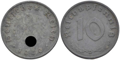 ГЕРМАНИЯ 10 РЕЙХСПФЕННИГОВ 1940 D KM 101, J. 371 цинк 4401-457