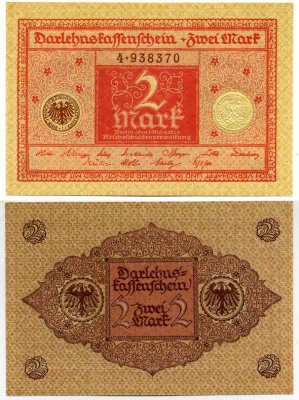 ГЕРМАНИЯ 2 МАРКИ 1920 1 МАРТА 1920, ВЕЙМАРСКАЯ РЕСПУБЛИКА, КРАСНАЯ, СЕРИЯ 4 Pick 59, Rosenberg 65b бумага UNC (ПРЕСС) 6289-42-1-2