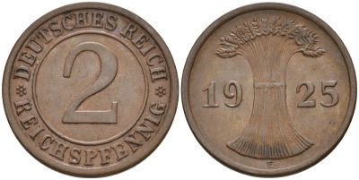 Германия 2 рейхспфеннига 1925 E KM 38, J.314, Weege 4 медь 4584-656