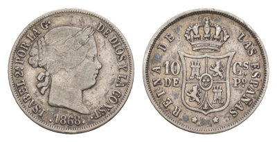 Филиппины 10 сентимо 1868 KM 145 серебро 1524-1131