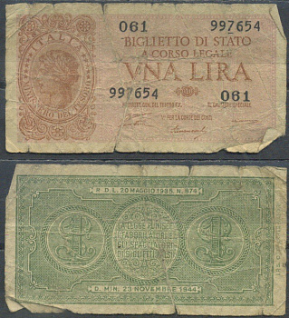 Италия 1 лира 1944 Pick 29 a бумага 8601-7-1-1