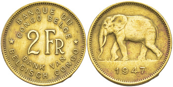 Бельгийское Конго 2 франка 1947 слон KM 28 латунь 4541-1032