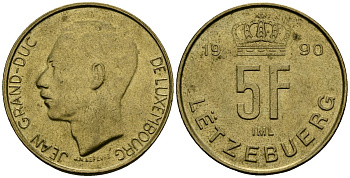 Люксембург 5 франков 1990 KM 65 алюминиевая бронза 4167-437