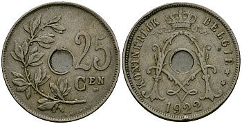 Бельгия 25 сантимов 1922 Belgie KM 69 медно-никель 4165-823