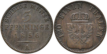 ПРУССИЯ 3 ПФЕННИГА 1856 А, ФРИДРИХ ВИЛЬГЕЛЬМ IV (1840-1861) KM 453 медь 4448-1141