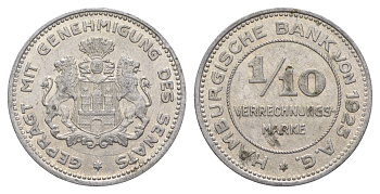 Гамбург 1/10 марки 1923 Funck 637.3, KM Tn3, Men05 10517.5, Men18 13133.6 алюминий 4638-137