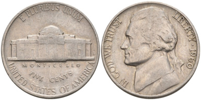 США 5 центов 1960 D, Джефферсон KM А192 медно-никель 92-1041