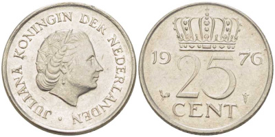 НИДЕРЛАНДЫ 25 ЦЕНТОВ 1976 ЮЛИАНА (1948-1980) KM 183 никель 214-1111