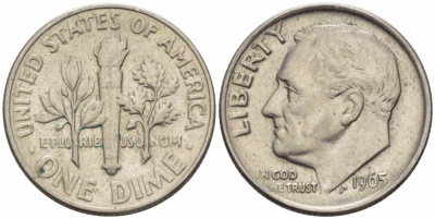 США 10 ЦЕНТОВ = 1 ДАЙМ 1965 РУЗВЕЛЬТ KM 195а медь плакированная медно-никелем 105-662