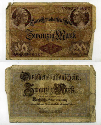 ГЕРМАНИЯ 20 МАРОК 1914 7 значный номер Pick 48 b бумага 6283-29-1