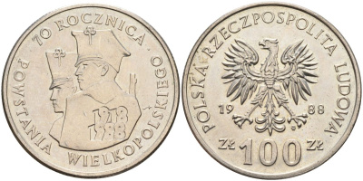 Польша 100 злотых 1988 70 лет Великопольскому восстанию Y 182 медно-никель 4162-834