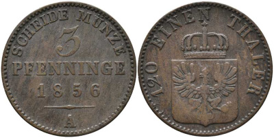 ПРУССИЯ 3 ПФЕННИГА 1856 А, ФРИДРИХ ВИЛЬГЕЛЬМ IV (1840-1861) KM 453 медь 4448-1141