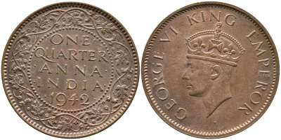 Британская Индия 1/4 анна 1942 Георг VI (1937-1952) KM 531 бронза aUNC 259-714