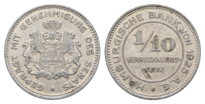 Гамбург 1/10 марки 1923 Funck 637.3, KM Tn3, Men05 10517.5, Men18 13133.6 алюминий 4638-137