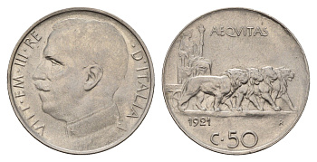 Италия 50 чентезимо 1921 R, Виктор Эммануил III (1900-1946), Гладкий гурт KM 61.1 никель 183-1257