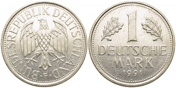 ФРГ 1 МАРКА 1991 F J.385, KM 110 медно-никель 3856-237