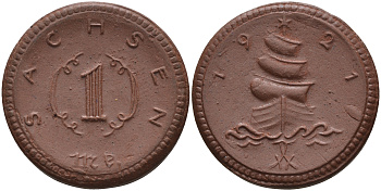 Саксония 1 марка 1921 парусник J. N 55 фарфор 1094-3-31