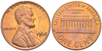 США 1 ЦЕНТ 1968 ЛИНКОЛЬН KM 201 медь цинк UNC 187-633