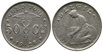 БЕЛЬГИЯ 50 САНТИМОВ 1928 BELGIE KM 88 никель 83-232