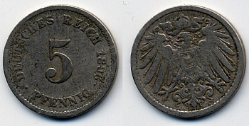 ГЕРМАНИЯ 5 ПФЕННИГОВ 1896 J, KM 11, J. 12 медно-никель 51-5258