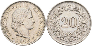 ШВЕЙЦАРИЯ 20 РАППЕНОВ 1963 В KM 29a медно-никель 55-832