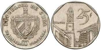 Куба 25 сентаво 2001 KM 577.2, JMA MC21, Schoen 715 сталь плакированная никелем 4612-537