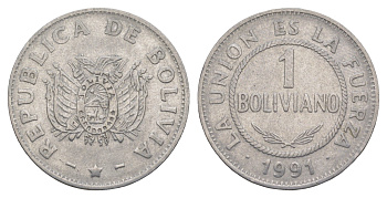 Боливия 1 боливиано 1991 KM 205 нержавеющая сталь 4638-313