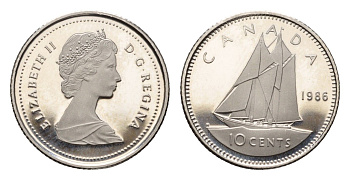 Канада 10 центов 1986 Елизавета II (1952-2022), парусник KM 77 никель PROOF 413-3835