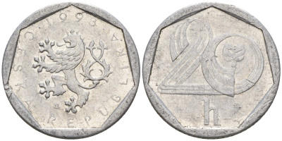 Чехия 20 геллеров 1993 KM 2.1 алюминий 4154-615