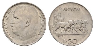 Италия 50 чентезимо 1921 R, Виктор Эммануил III (1900-1946), Гладкий гурт KM 61.1 никель 183-1257
