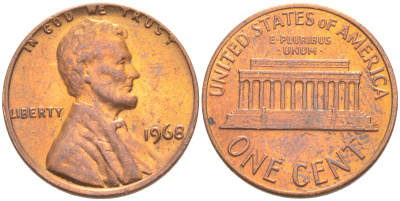 США 1 ЦЕНТ 1968 ЛИНКОЛЬН KM 201 медь цинк UNC 187-633