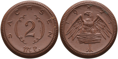 Саксония 2 марки 1921 J. N 56 фарфор 1094-2-73