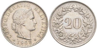 ШВЕЙЦАРИЯ 20 РАППЕНОВ 1963 В KM 29a медно-никель 55-832