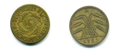 Германия 5 рейхспфеннигов 1925 A KM 39, J. 316, Weege 7 алюминиевая бронза 46-2233