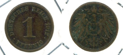 ГЕРМАНИЯ 1 ПФЕННИГ 1912 J KM 10, J.10 медь 701-245