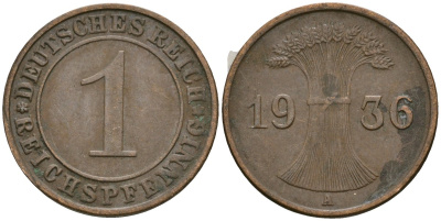 Германия 1 рейхспфенниг 1936 A KM 37, J. 313 бронза 4528-667