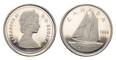 Канада 10 центов 1986 Елизавета II (1952-2022), парусник KM 77 никель PROOF 413-3835