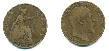 Великобритания 1 пенни 1905 Эдуард VII (1901-1910) KM 794.2, Spink 3990 бронза 4383-546