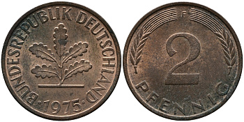 ФРГ 2 пфеннига 1975 F KM 106а, J.381а сталь плакированная медью 99-224