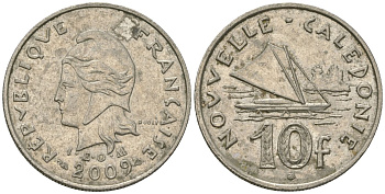 Французская Новая Каледония 10 франков 2009 рыбачья парусная лодка, (IEOM) KM 11a, Schoen 13a, Lec 99k медно-никель 61-1215