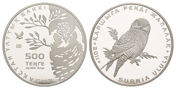 Казахстан 500 тенге 2011 серия Красная книга, сова, оригинальная коробка, сертификат KM 205 серебро  PROOF  3-6-1-01