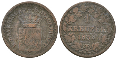 Бавария 1 крейцер 1858 Максимилиан II (1848-1864) KM 473 серебро 4615-1223