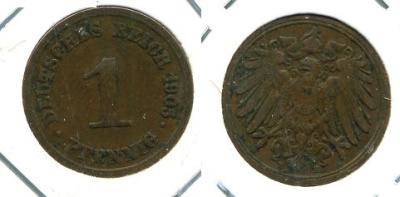 ГЕРМАНИЯ 1 ПФЕННИГ 1905 E KM 10, J.10 медь 701-233