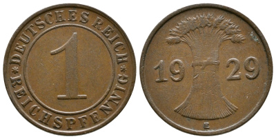 ГЕРМАНИЯ 1 РЕЙХСПФЕННИГ 1929 E KM 37, J. 313 бронза 4380-1162