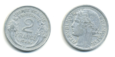Франция 2 франка 1949 В, тип Morlon KM 886а.2, Le Franc 269.15 алюминий 80-637