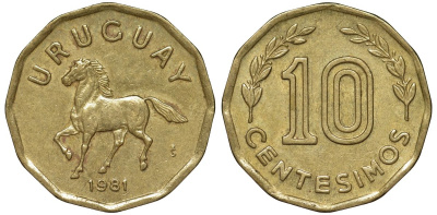 Уругвай 10 сентесимо 1981 KM 66 алюминиевая бронза 4169-553