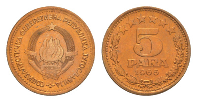 Югославия 5 пара 1965  год-тип KM 42 латунь  UNC  M67-11