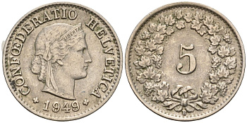 Швейцария 5 раппенов 1949 B KM 26 медно-никель 4608-442