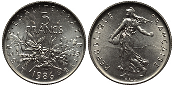 Франция 5 франков 1986 сеятель, тираж 15000 экземпляров KM 926a.1, LE FRANC 341.18 медно-никель плакированный никелем  UNC  1530-1422